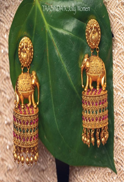 Gold Finish Faux Green & Red Stones Earrings